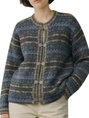 NEWTON TRADING COMPANY 100% Wool Nordic Ethnic Folk Cardigan in Blue/Brown MED